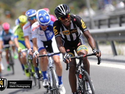 Songezo Jim leading the bunch during stage 7 of the Tour of Turkey.